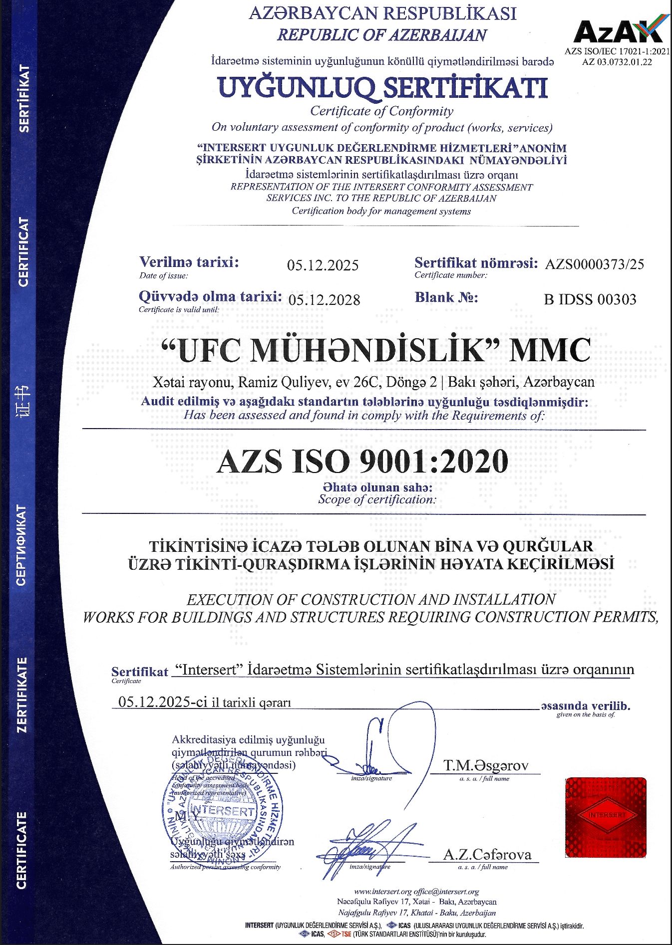AZS ISO 9001:2020 Uyğunluq Sertifikatı